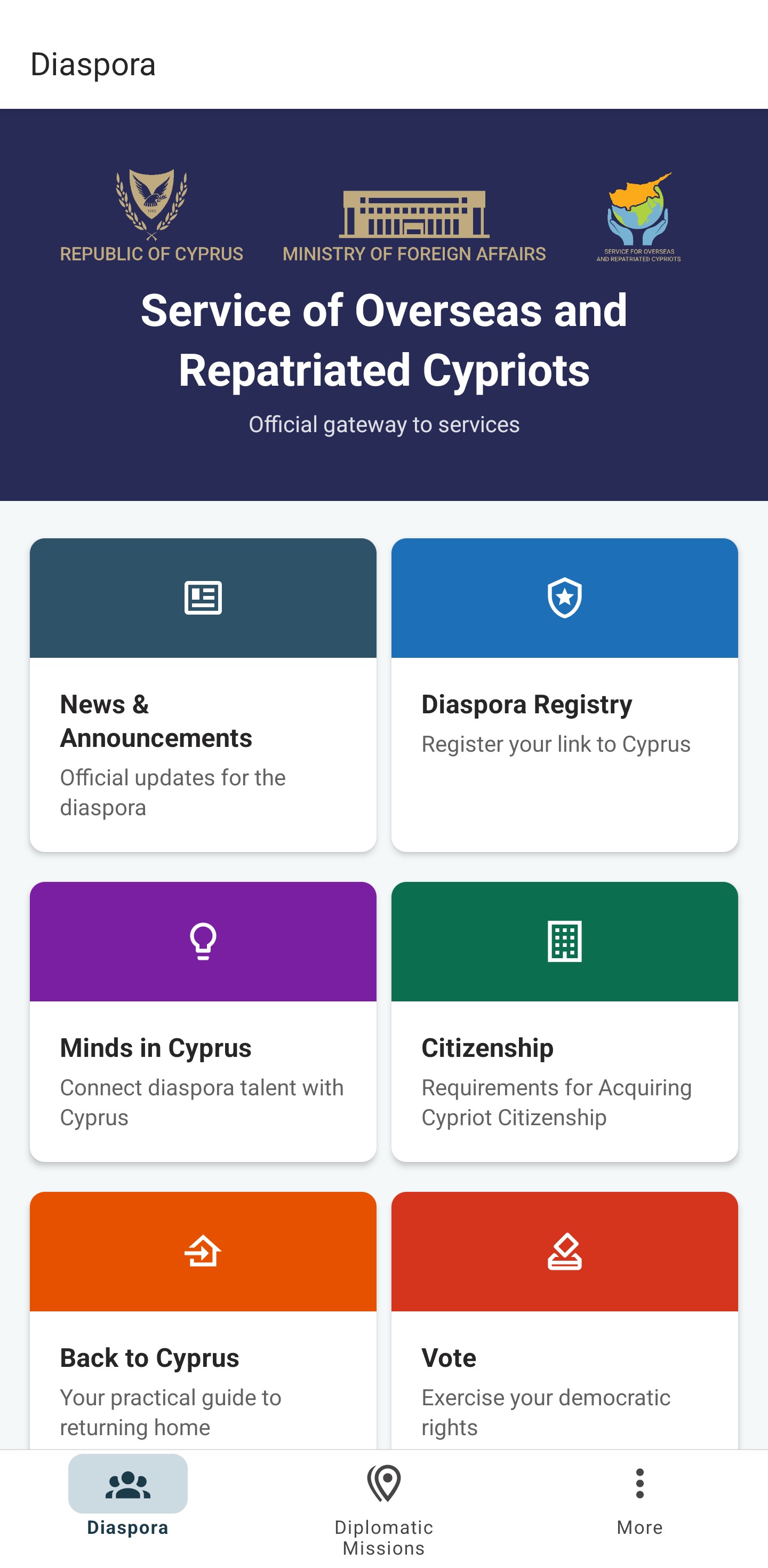 DiasporaCY home screen